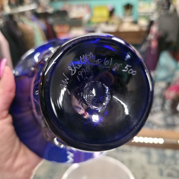 Shelton Glass Works Hand blown Art Signed Cobalt Vase Ocean Waves 1990 #61 /500 - Picture 12 of 16